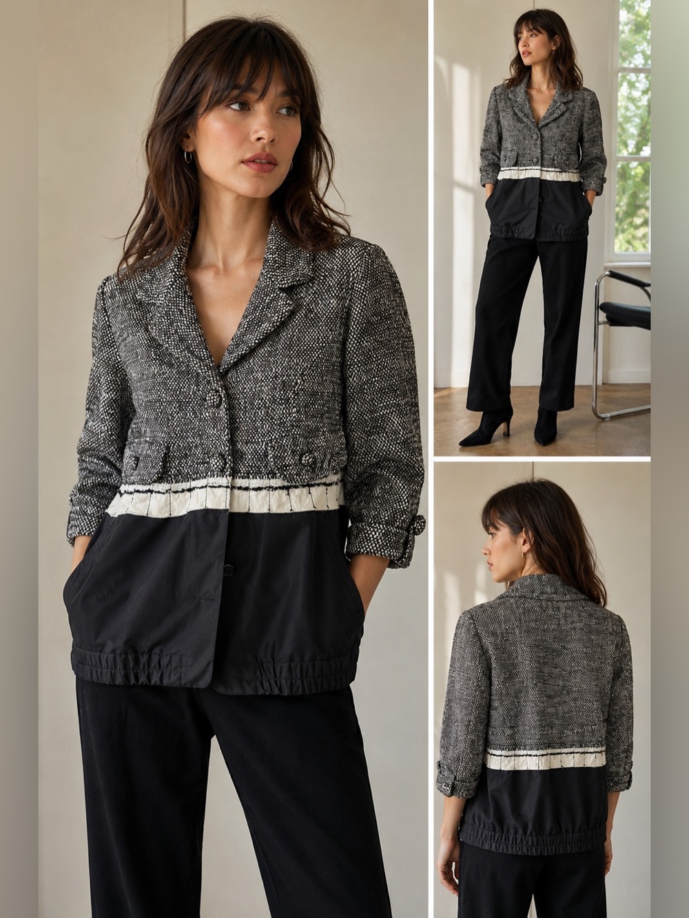 Marc Jacobs Cropped Tweed Jacket Size 4 Black White Mixed Media